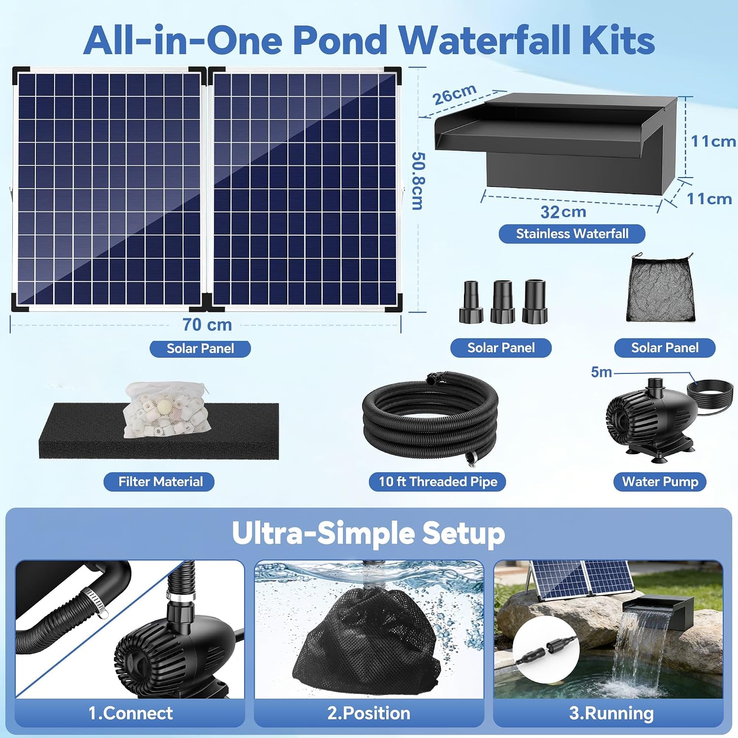Detalle 2 de Biling 70W Solar Waterfall Pump with Filter Kit – 2500L/H, 304 Stainless Steel, 16.4 ft Cable