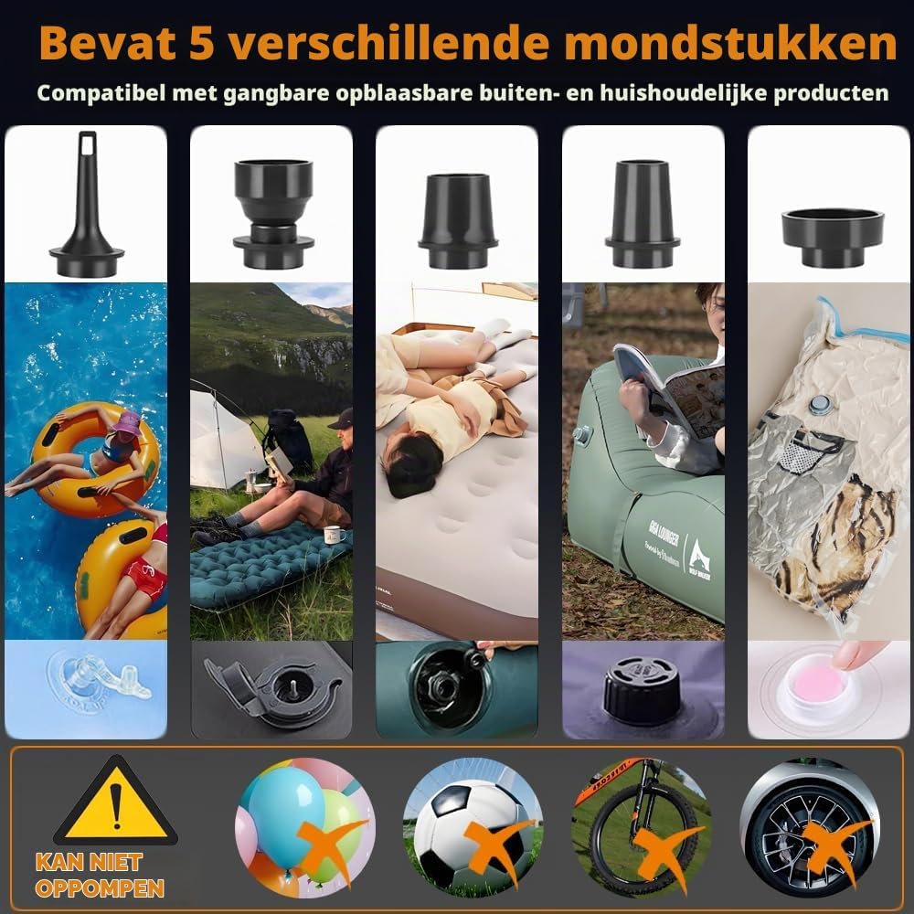 Detalle 1 de MUCHER draagbare elektrische luchtpomp met ledlamp, 2400 mAh en 5 mondstukken