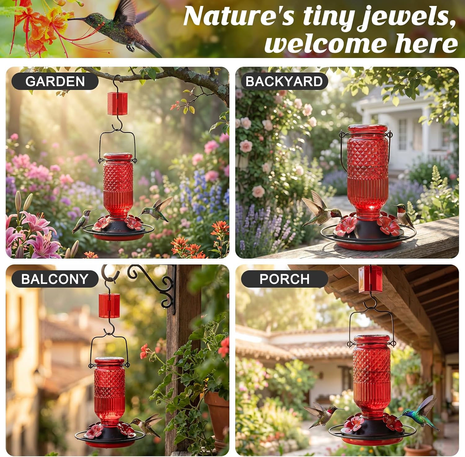 Detalle 2 de FEED GARDEN Glass Hummingbird Feeder (16oz) with Ant Moat, 4 Bee-Proof Ports & 360° Perch