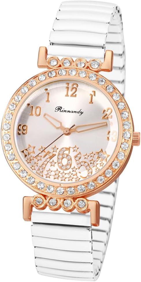 Detalle de Avaner Damenuhr Elastisch Diamantuhr mit Roségold-Optik – Zirkonia, Arabische Ziffern, Quarz, Edelstahlband