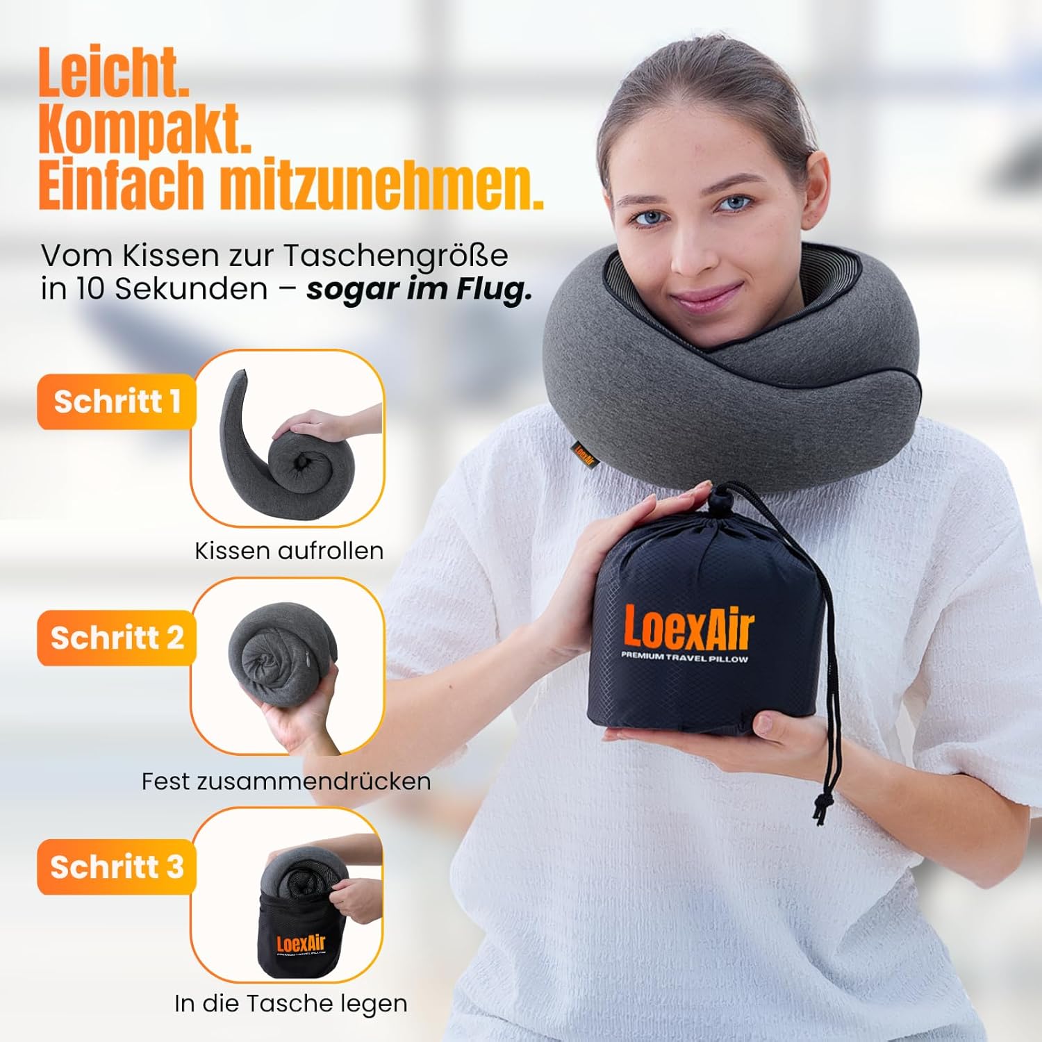 Detalle de LoexAir Nackenkissen Flugzeug – 100% Baumwolle, Memory-Schaum, inkl. Schlafmaske & Ohrstöpsel (Dunkelgrau)
