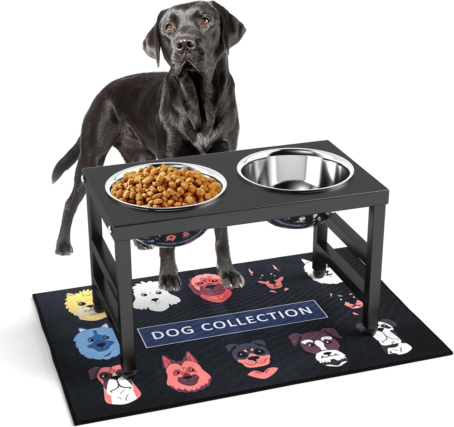 Thumbnail 6 de ADENGL Erhöhter Metall-Hundenapf für große Hunde – 2 Edelstahlnäpfe, 2000 ml, spritzwassergeschützte Matte, 39,4–40,6 cm Höhe