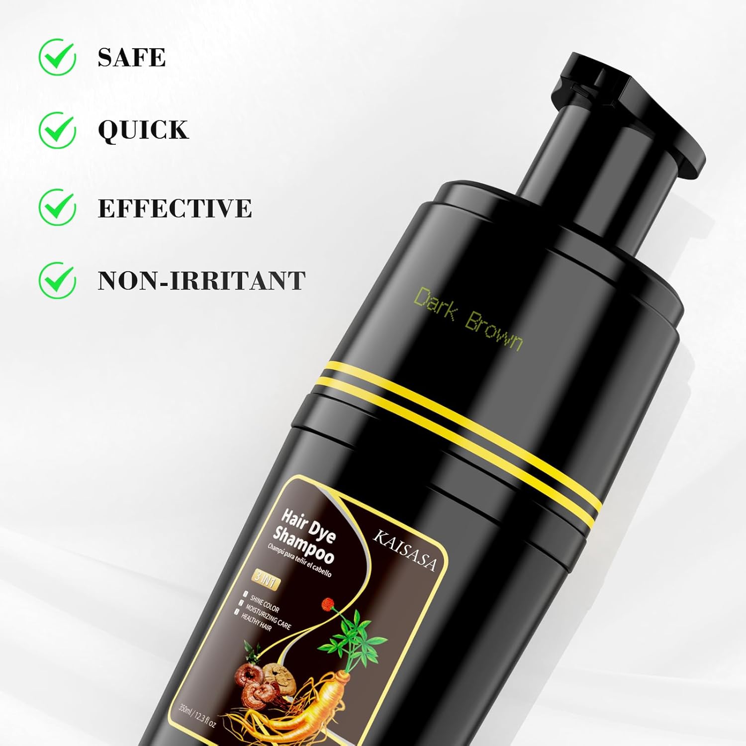 Detalle de KAISASA Dark Brown Hair Dye Shampoo 3 in 1 — Grey Coverage with Gentle Herbal Formula