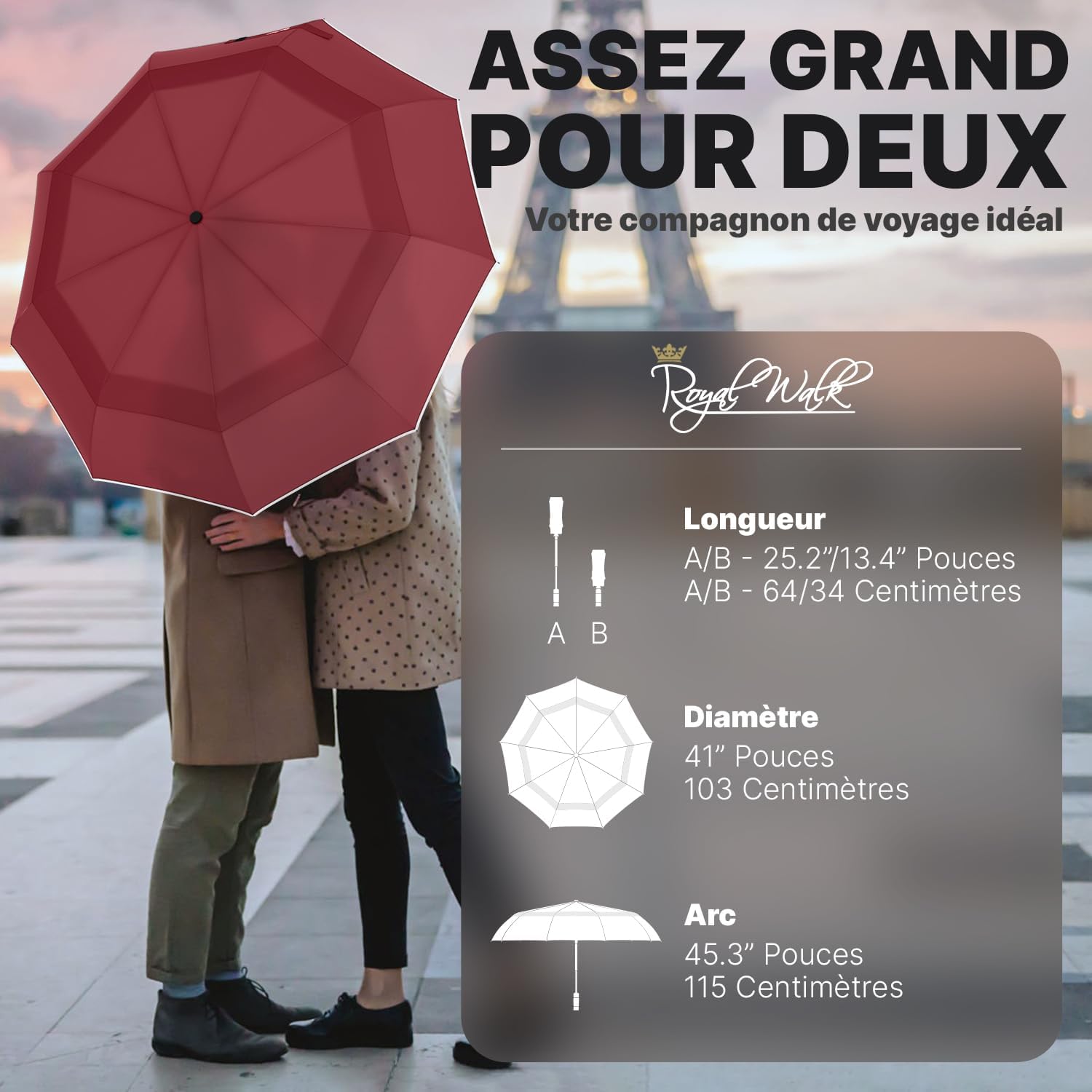 Thumbnail 1 de Royal Walk Parapluie de voyage pliable coupe-vent double auvent ventilé, manche bois véritable, rouge