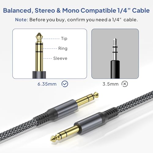 Detalle de Elebase 1/4 Inch TRS Instrument Cable 10FT (2 Pack) — 6.35mm Male Guitar Cord, 3M