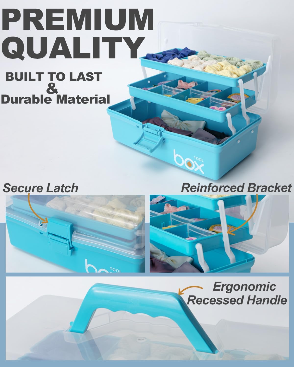 Detalle de TERGOO 3 trays box 12-Inch 3-Layer Organizer with Adjustable Dividers, Blue