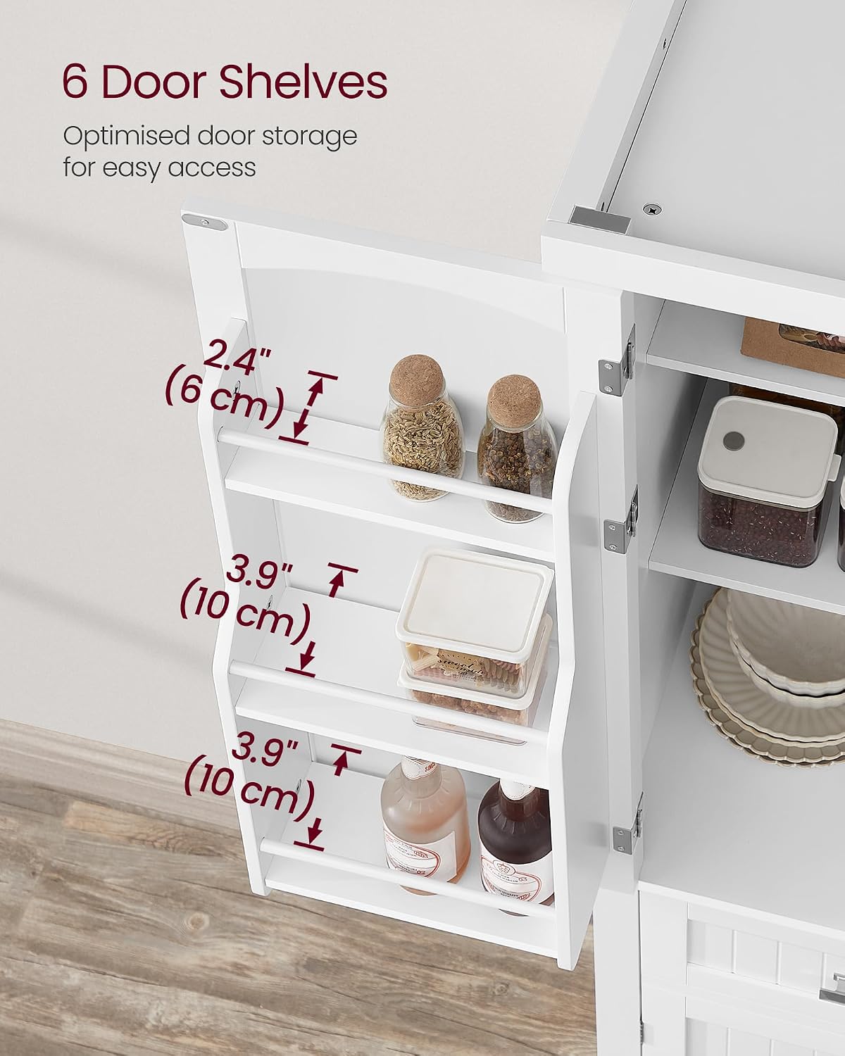 Detalle de VASAGLE BBC561W21 Tall Pantry Cupboard, White, Drawer and Adjustable Shelves