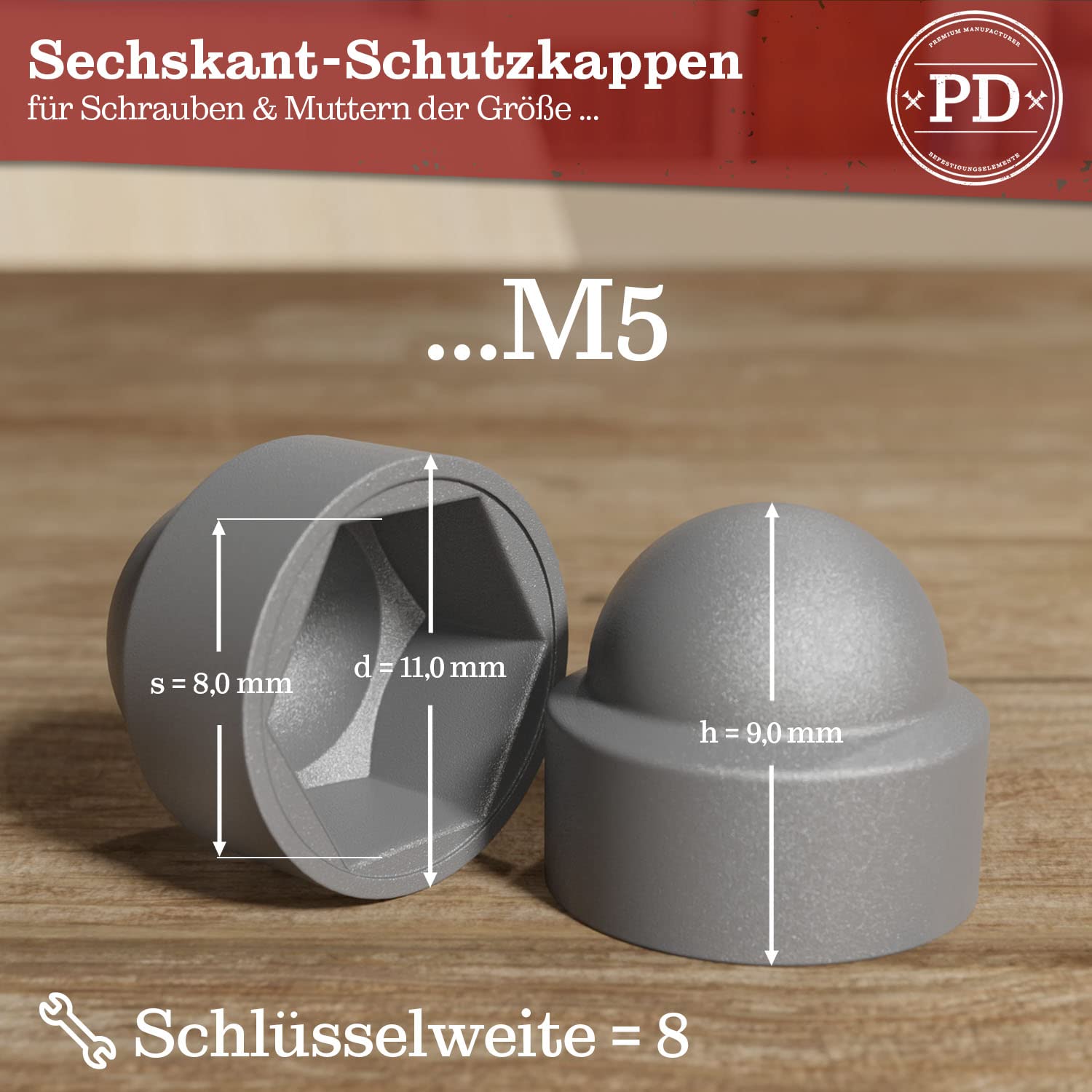 Thumbnail 2 de PD® Sechskant Schutzkappen M5 (Schlüsselweite 8) – Abdeckkappen aus Kunststoff, Grau, 10 Stück