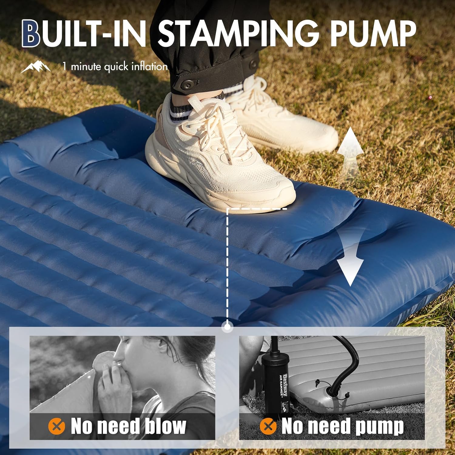 Thumbnail 4 de Portal single camping mattress (10cm thick) with built-in foot pump and pillow, inflatable sleeping pad