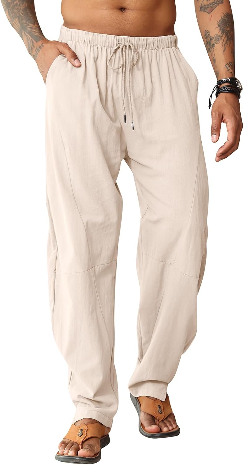 Detalle de EDITCOZY Men's Linen Trousers: Loose Beach Pants for Everyday Comfort