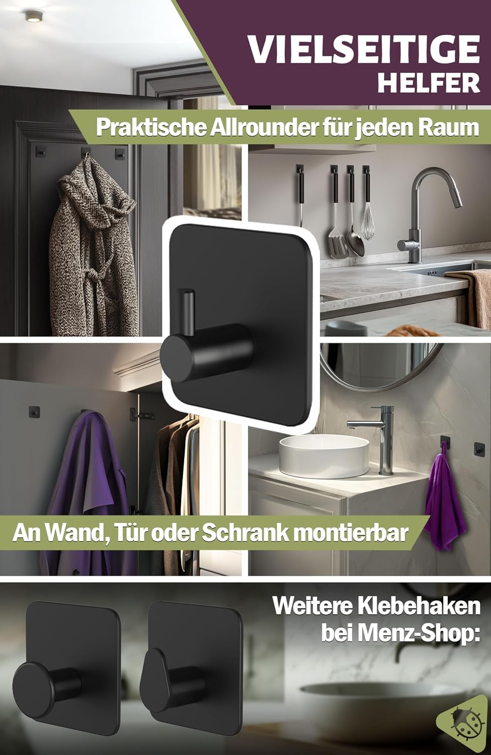 Detalle 2 de Menz Handtuchhaken ohne Bohren, 6er-Set – schwarze selbstklebende Handtuchhalter aus Edelstahl