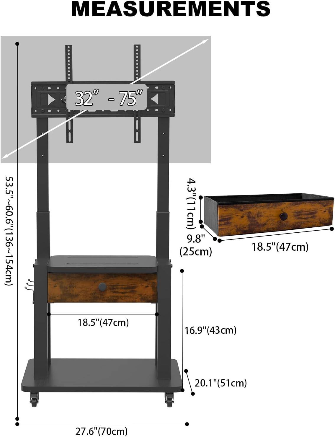 Thumbnail 5 de Hellsehen Rolling TV Stand with Fabric Drawer Storage (32–75-Inch)
