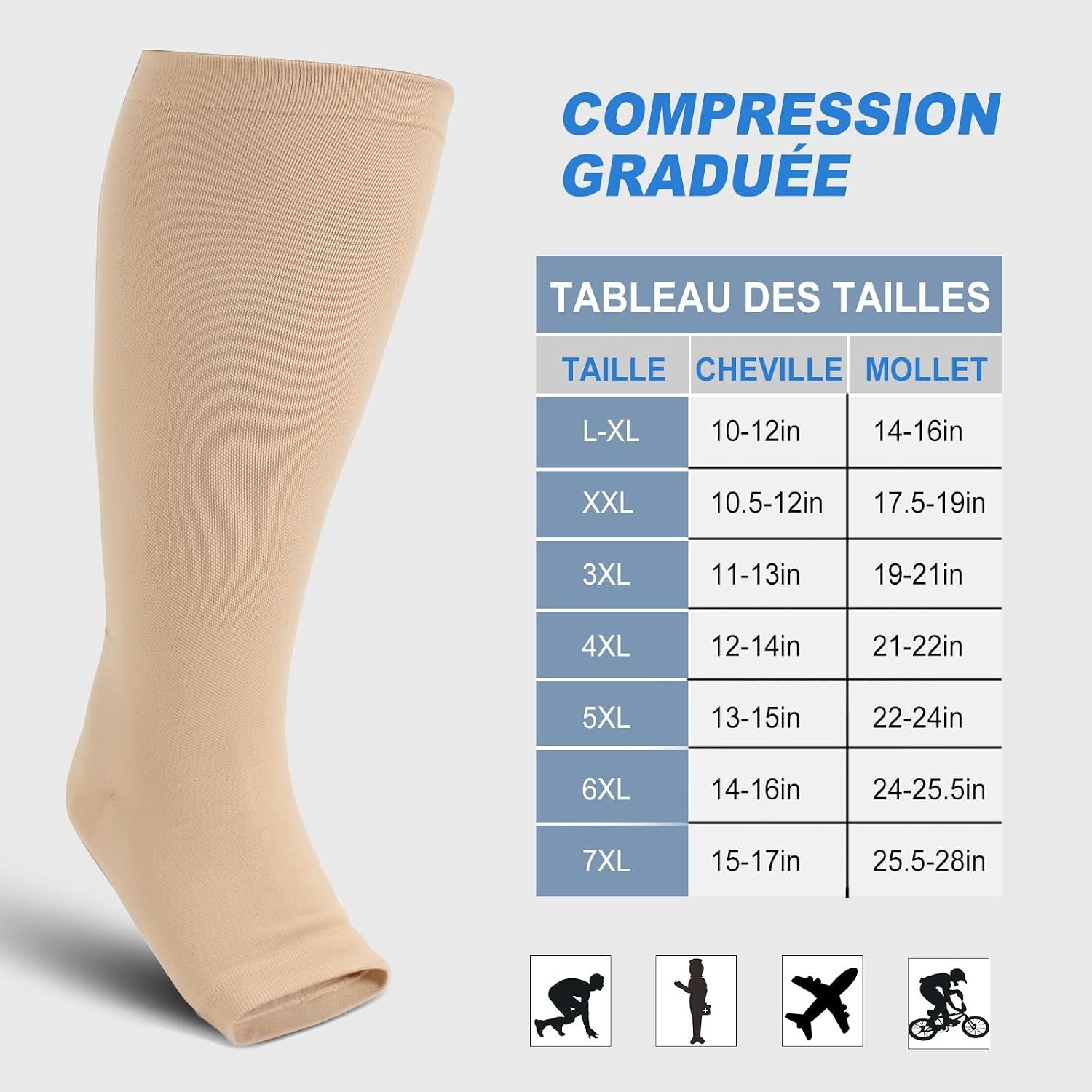 Detalle de ZFSOCK Bas de contention grande taille à fermeture éclair – 20–30 mmHg, bout ouvert