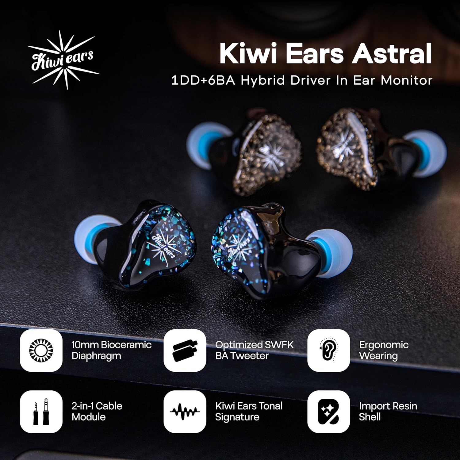 Thumbnail 1 de Linsoul Kiwi Ears Astral Hybrid 1DD+6BA Wired In-Ear Monitors (Blue) for Studio Recording, Mixing & Gaming