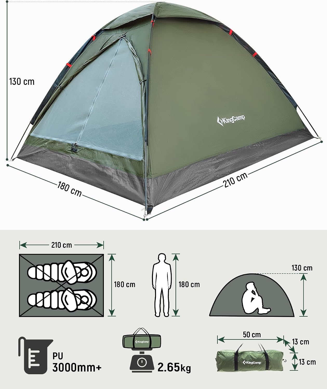Thumbnail 1 de KingCamp 2-3 Personen Zelt – Wasserdicht 3000 mm, Ultraleicht & Großes Überdach, ideal für Wanderer, Festivals & Wochenendausflüge