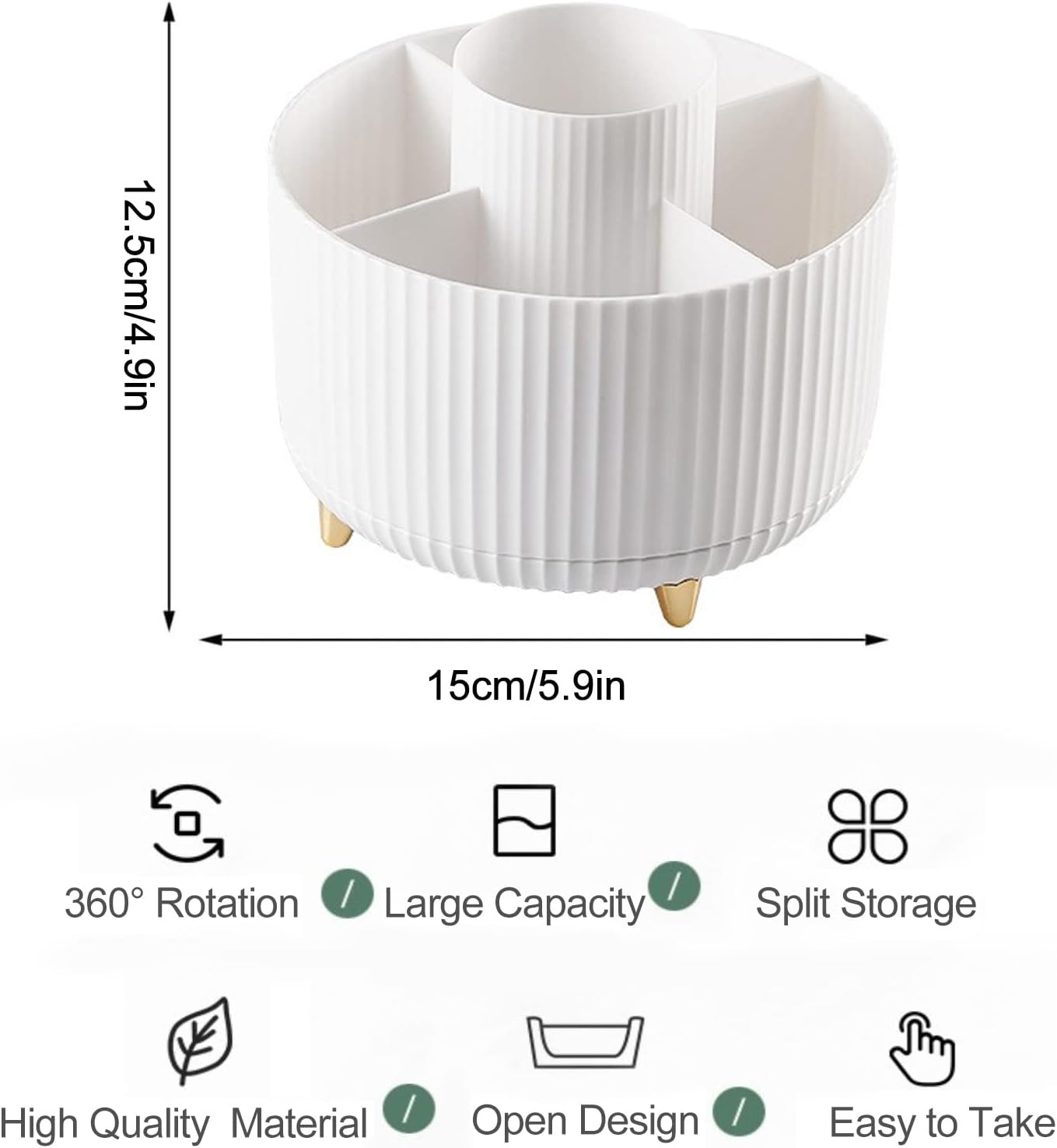 Detalle de Bekeify 360° Rotating Makeup Organiser with 5 Compartments (White ABS) for Brushes, Cosmetics & Small Accessories