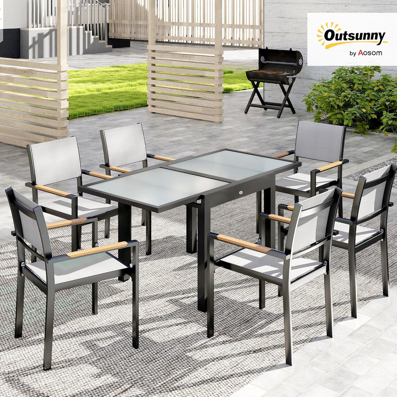 Detalle de Outsunny table de jardin extensible grande taille avec plateau en verre trempé foncé (160 x 80 x 75 cm)