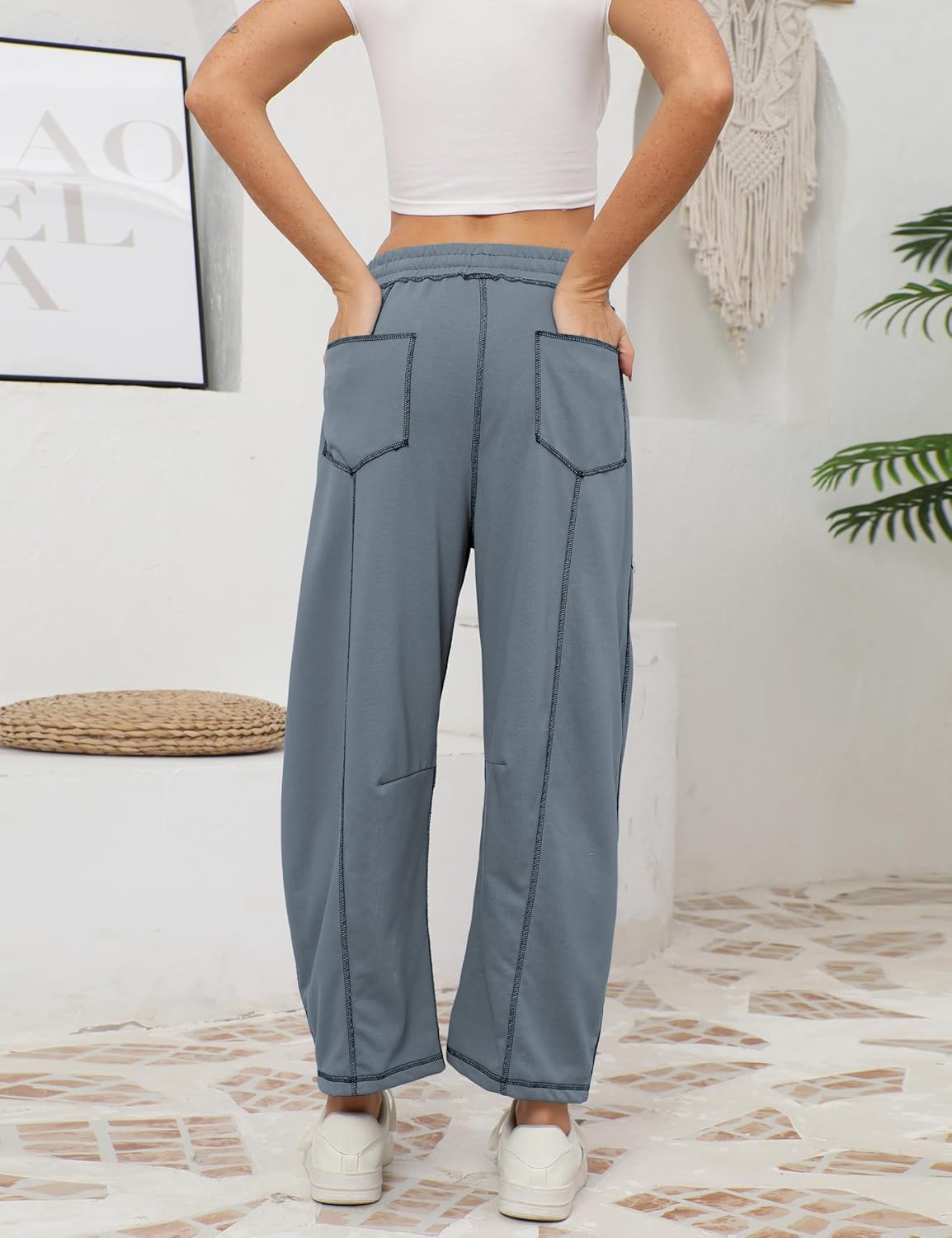 Detalle de Athlisan Women’s Baggy Barrel Pants Wide-Leg Lounge Sweatpants with Pockets