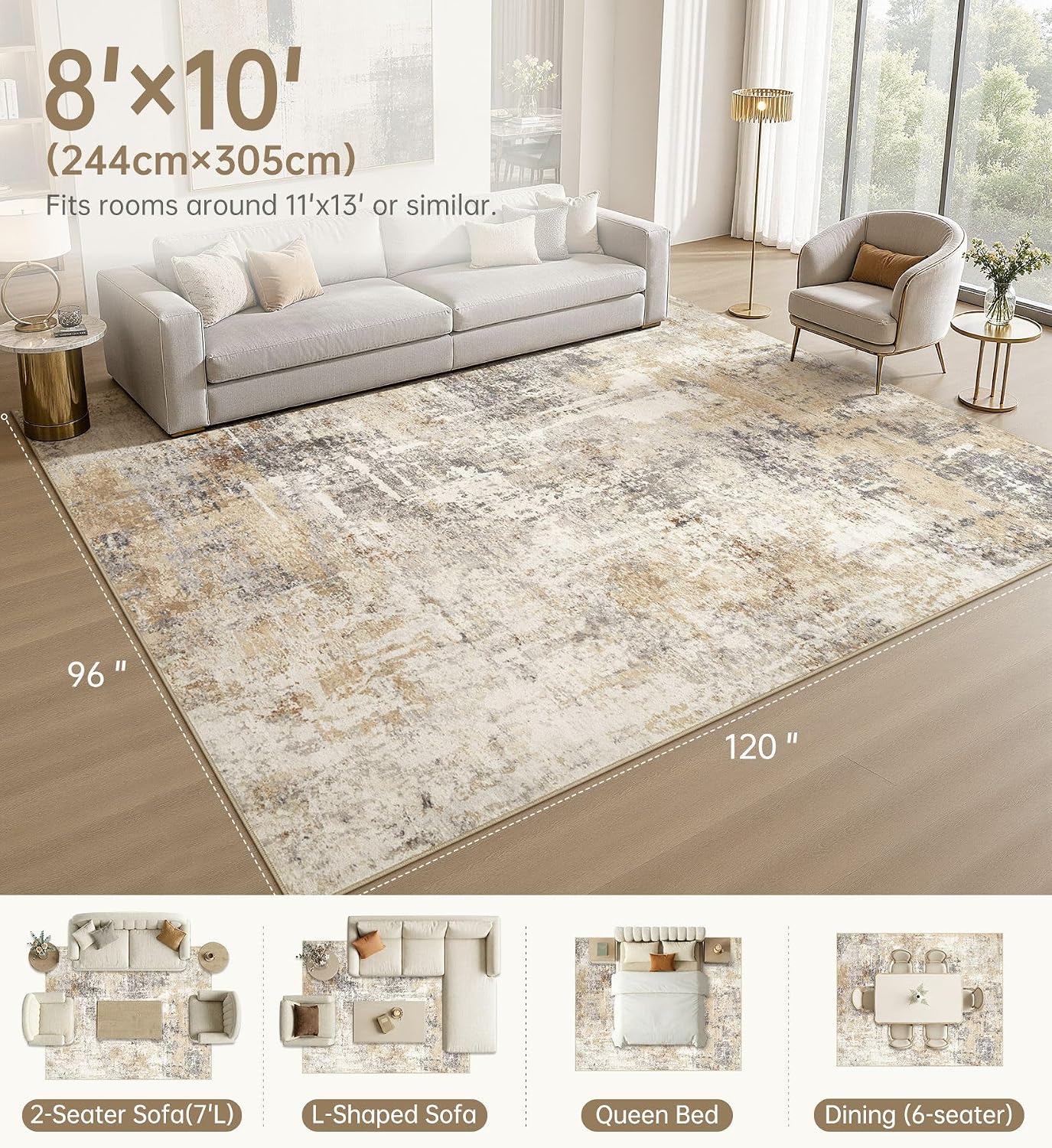 Thumbnail 1 de 8x10 Washable Grey Gold Area Rug