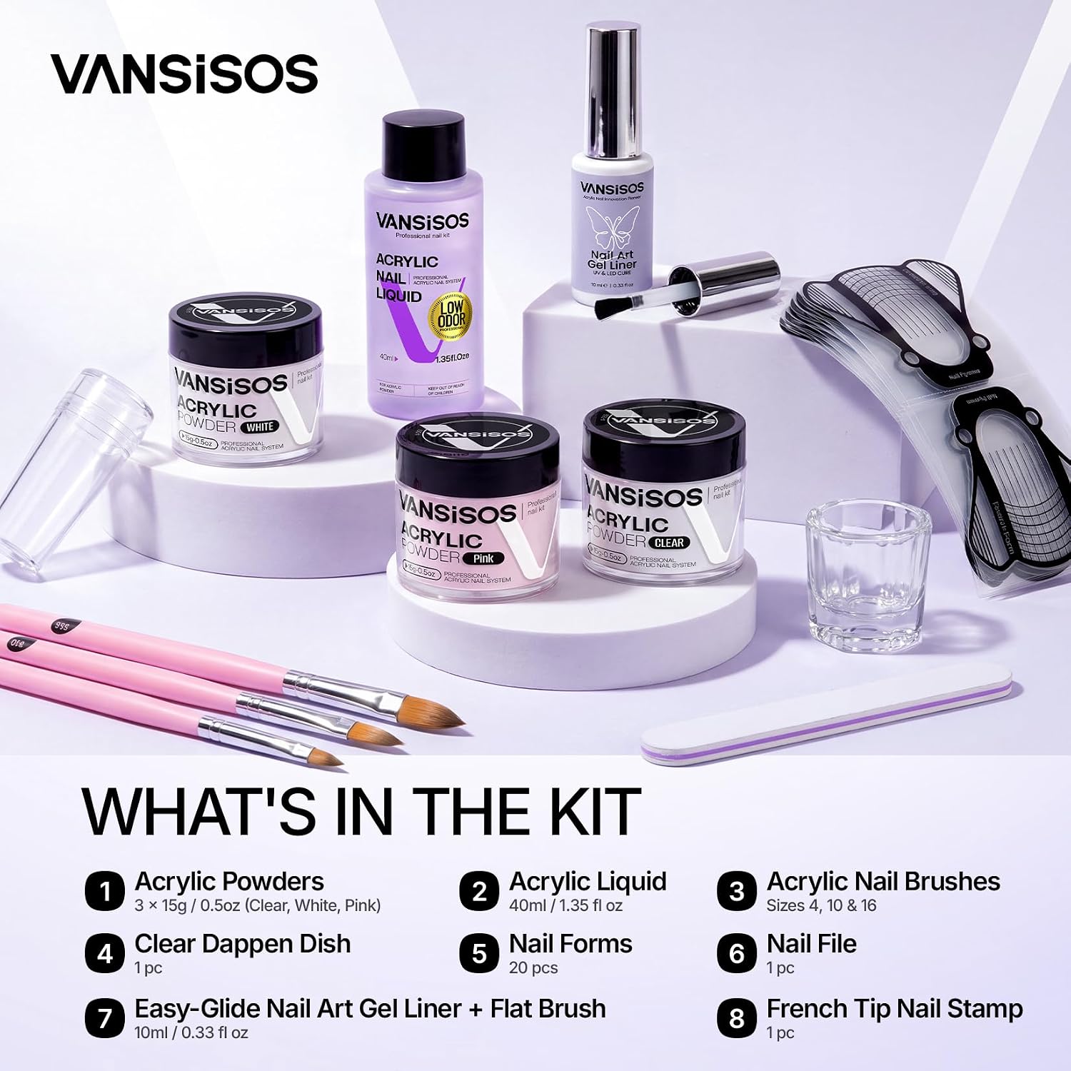 Detalle 2 de VANSISOS Acrylic Nail Kit, 40ml Liquid, Three Powders and 10ml Gel Liner