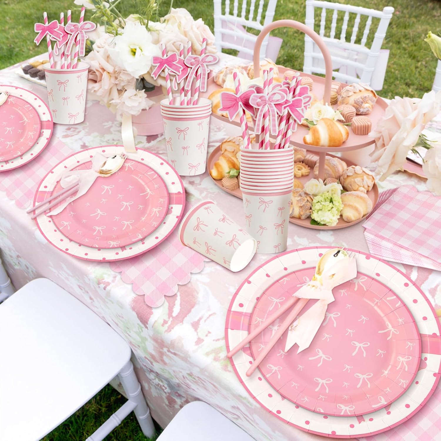 Thumbnail 5 de SUNBEAUTY 80-Piece Pink Bow party tableware set (9 inch plates, cups, napkins) for 16 guests