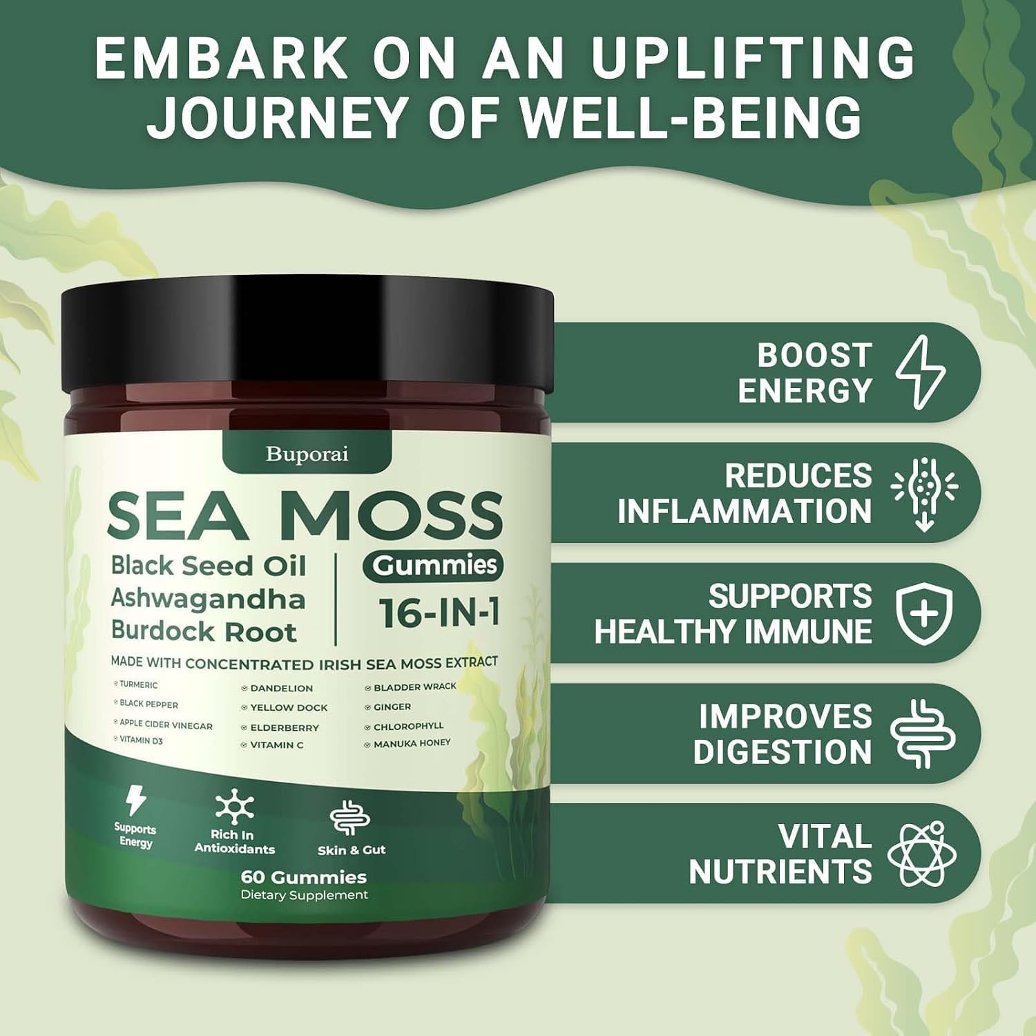 Thumbnail 4 de Buporai Sea Moss Gummies 16-in-1 with Vitamins C and D3, 60 Count