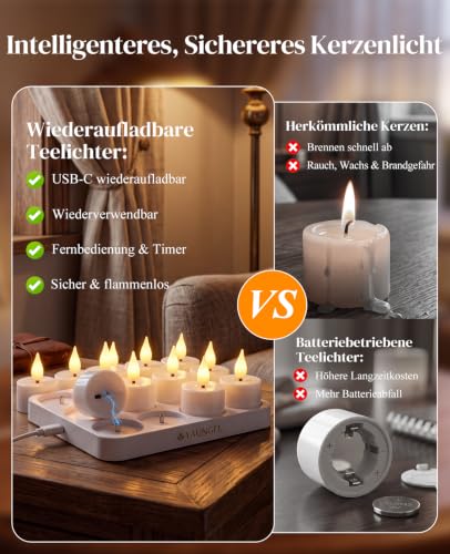Detalle 2 de YAUNGEL 12er LED-Teelichter, wiederaufladbar mit Ladestation, Timer und Fernbedienung