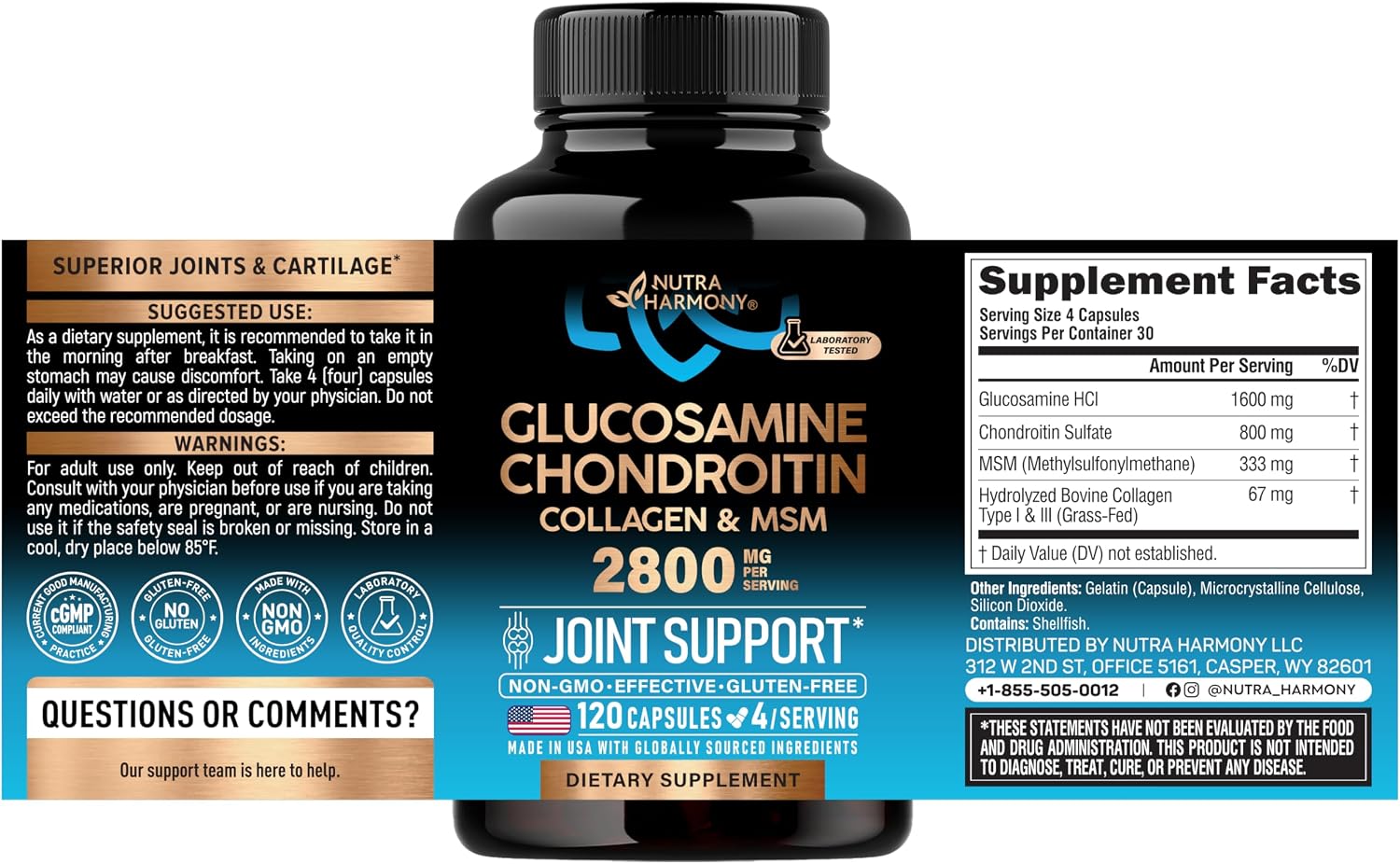 Detalle de NUTRAHARMONY SB-122 Joint Supplement with Glucosamine, Chondroitin, MSM & Collagen, 120 Capsules