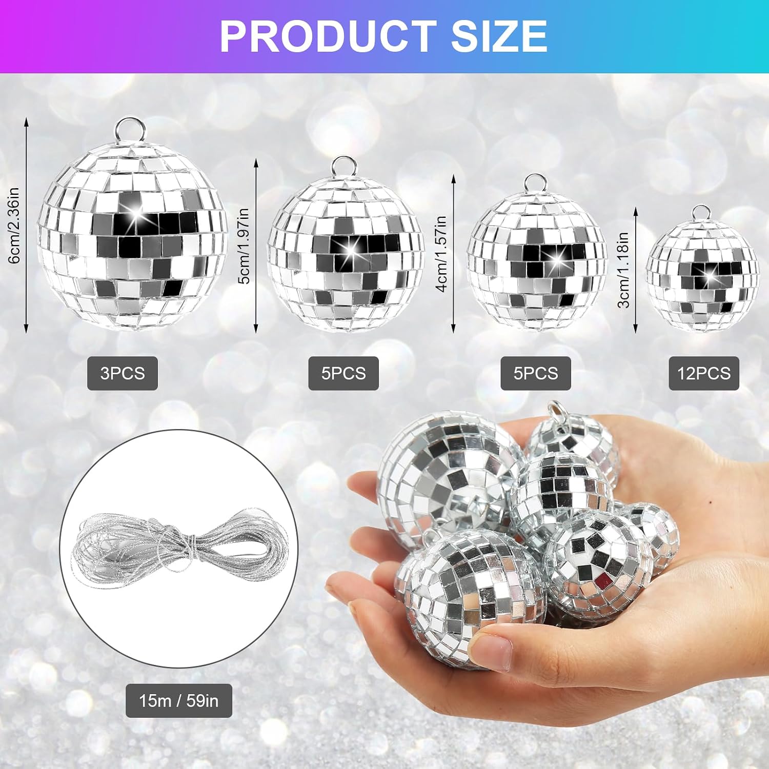 Detalle 2 de YGKYMVW Disco Spiegel Ball discoballen, 25 zilveren hangdecoraties in 4 maten
