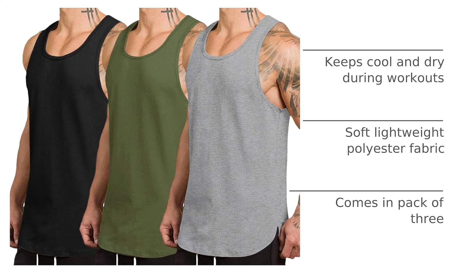 Detalle 2 de COOFANDY Men’s 3-Pack Quick-Dry Workout Tank Tops (Gym Muscle Tee)