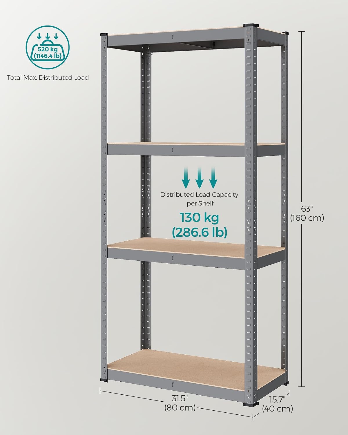 Detalle de SONGMICS GLR044G01 4-Tier Shelving Unit, Steel and MDF, 520 kg Capacity