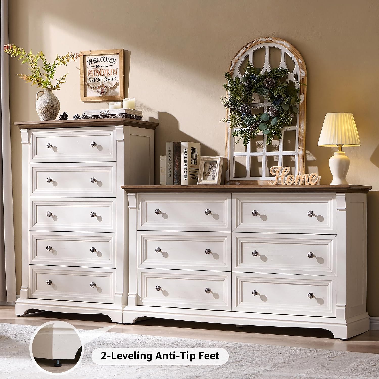 Detalle de T4TREAM RPC6SDRDS-ROWAW Farmhouse 6-Drawer Dresser, 54-Inch Antique White