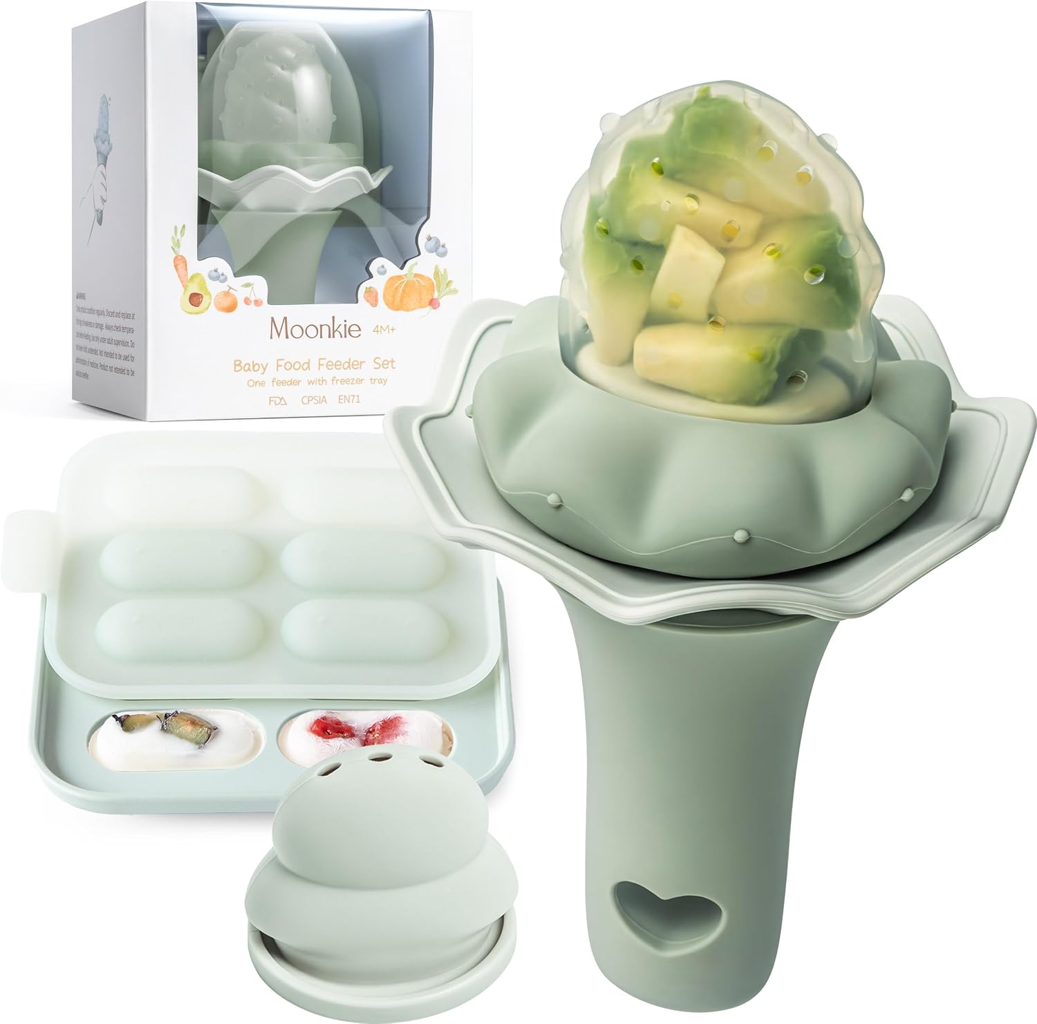 Moonkie Baby Fruit Feeder with Freezer Tray – BPA Free Silicone, 2 Pouch Sizes, Sage