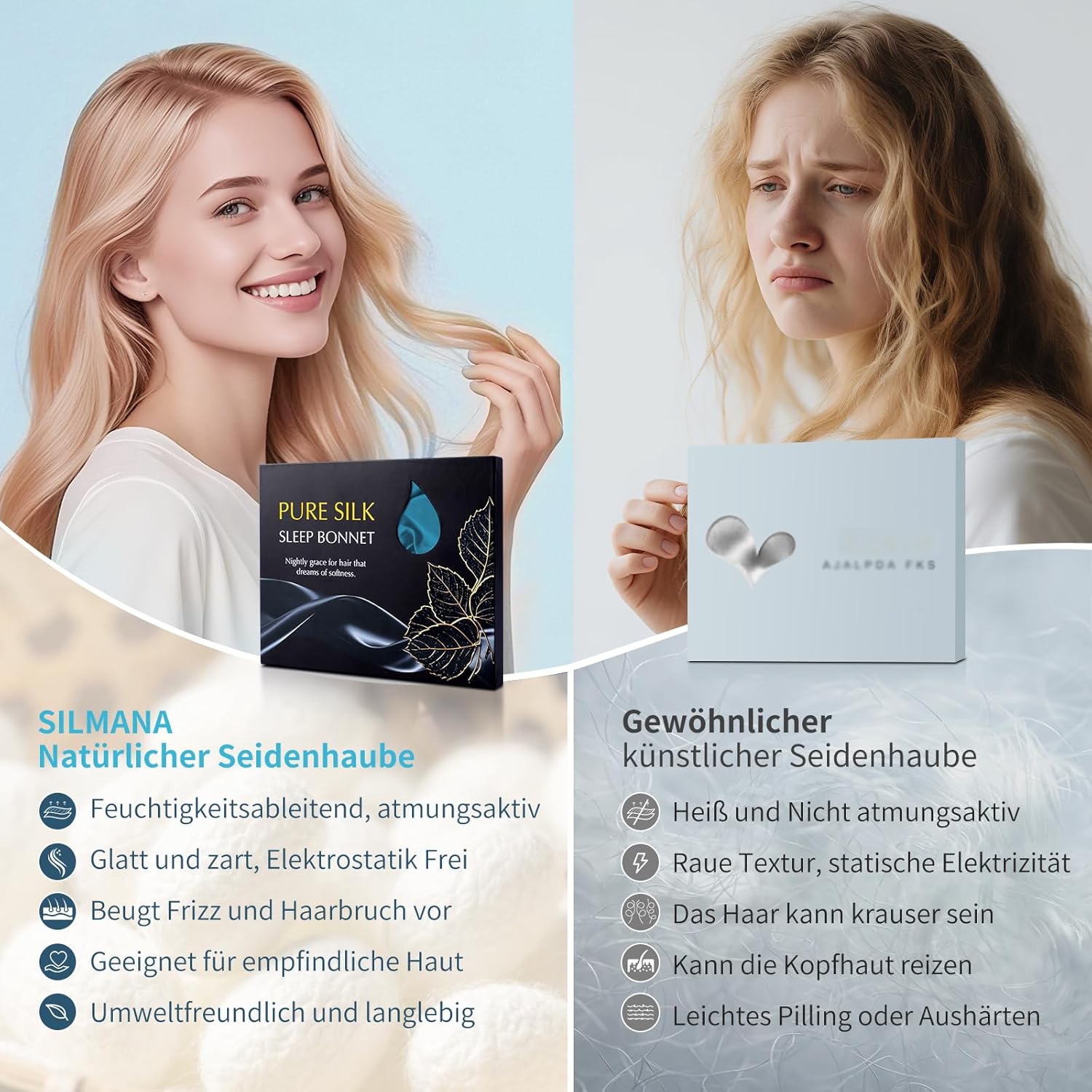 Detalle de Silmana Seidenhaube zum Schlafen aus 100 % Maulbeerseide (22 Momme), doppellagig & beidseitig nutzbar