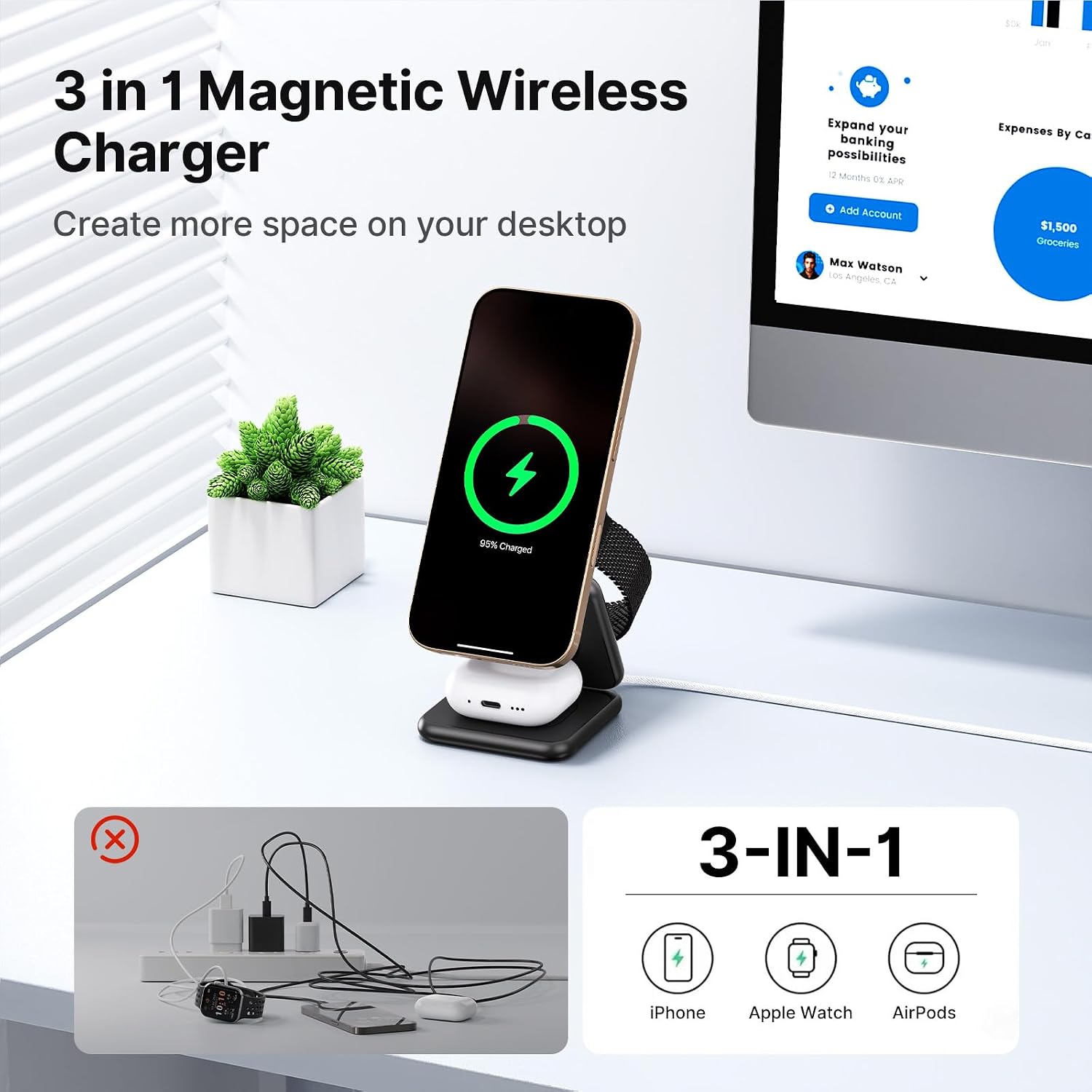Detalle de Alilong 3 in 1 Wireless Charging Station with MagSafe - Foldable, Zinc Alloy Travel Stand