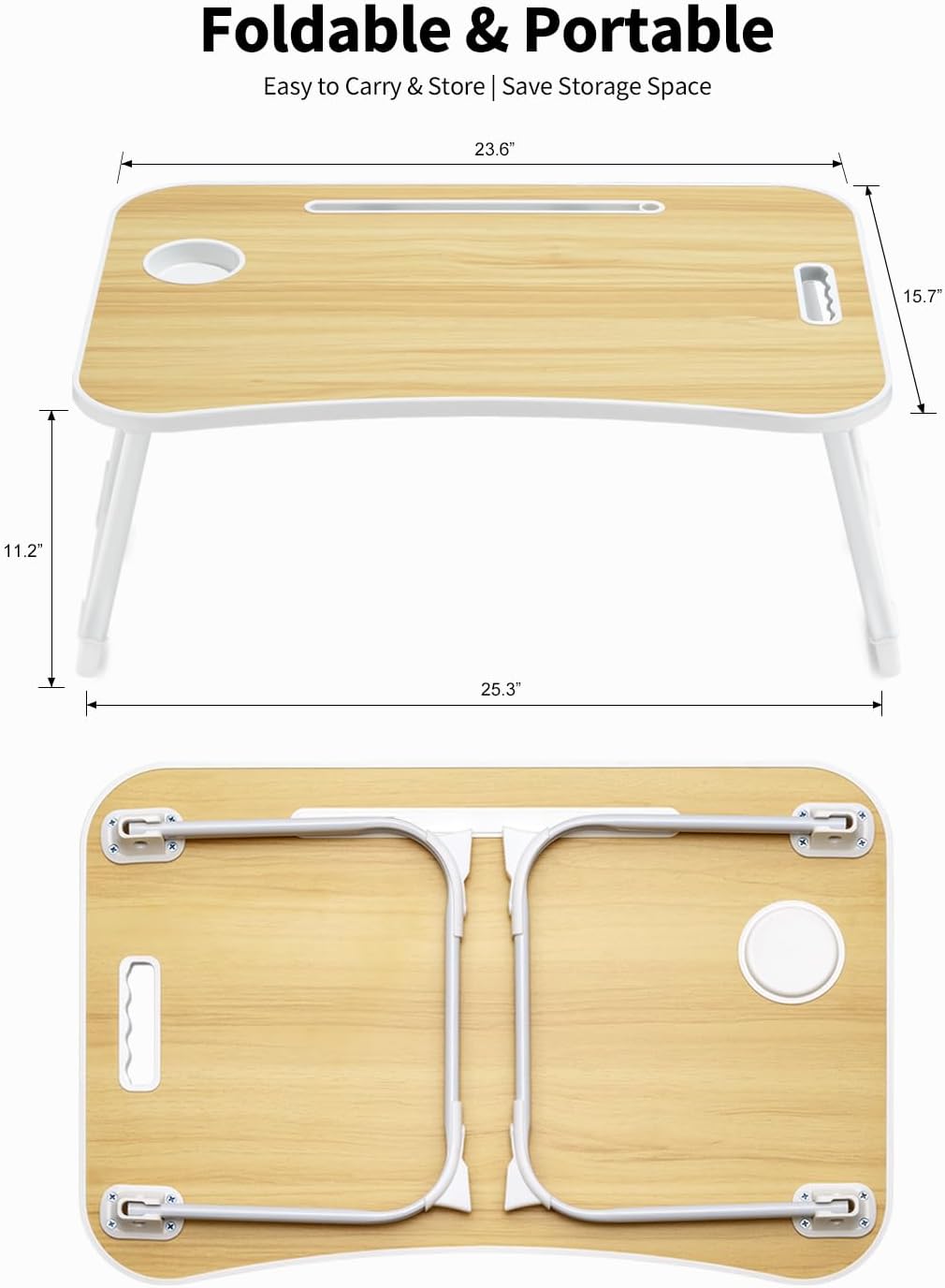 Detalle 1 de Ruxury Folding Wood Lap Desk, Portable Table with Cup Holder and Device Slot