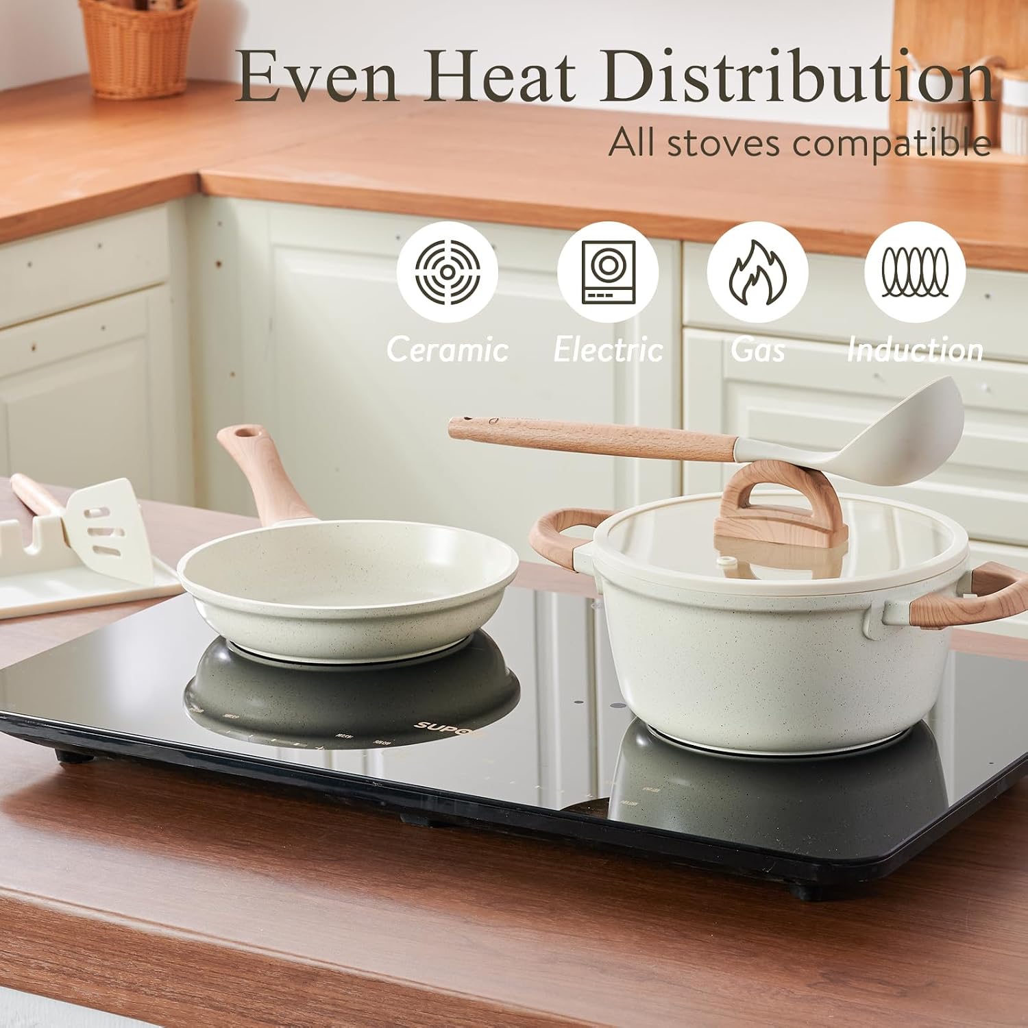 Detalle 2 de Non Stick Ceramic Pots and Pans Set (22-Piece) – Non-Toxic, Induction Compatible, Cream White Granite