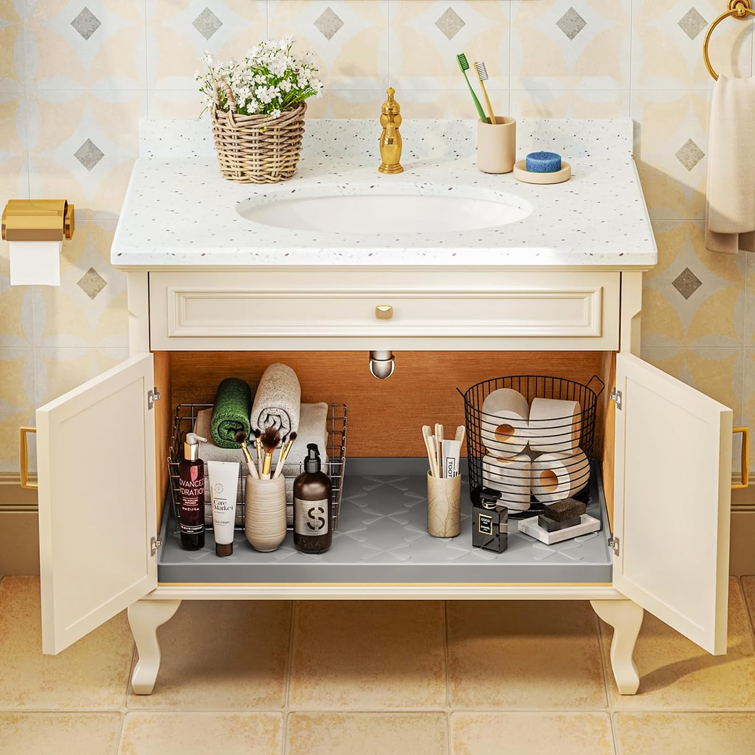 Detalle de SIKADEER Under Sink Mat 34" x 19" Silicone Cabinet Protector with Raised Edges