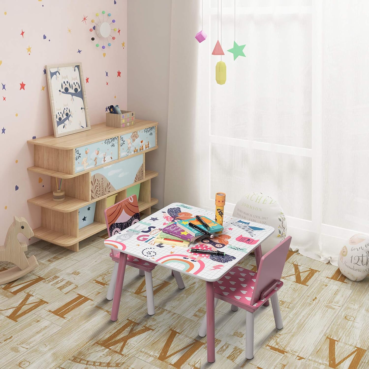 Detalle de EUGAD Kindersitzgruppe 1 Kindertisch + 2 Stühle – Rosa, MDF & Massivholz, 3tlg.