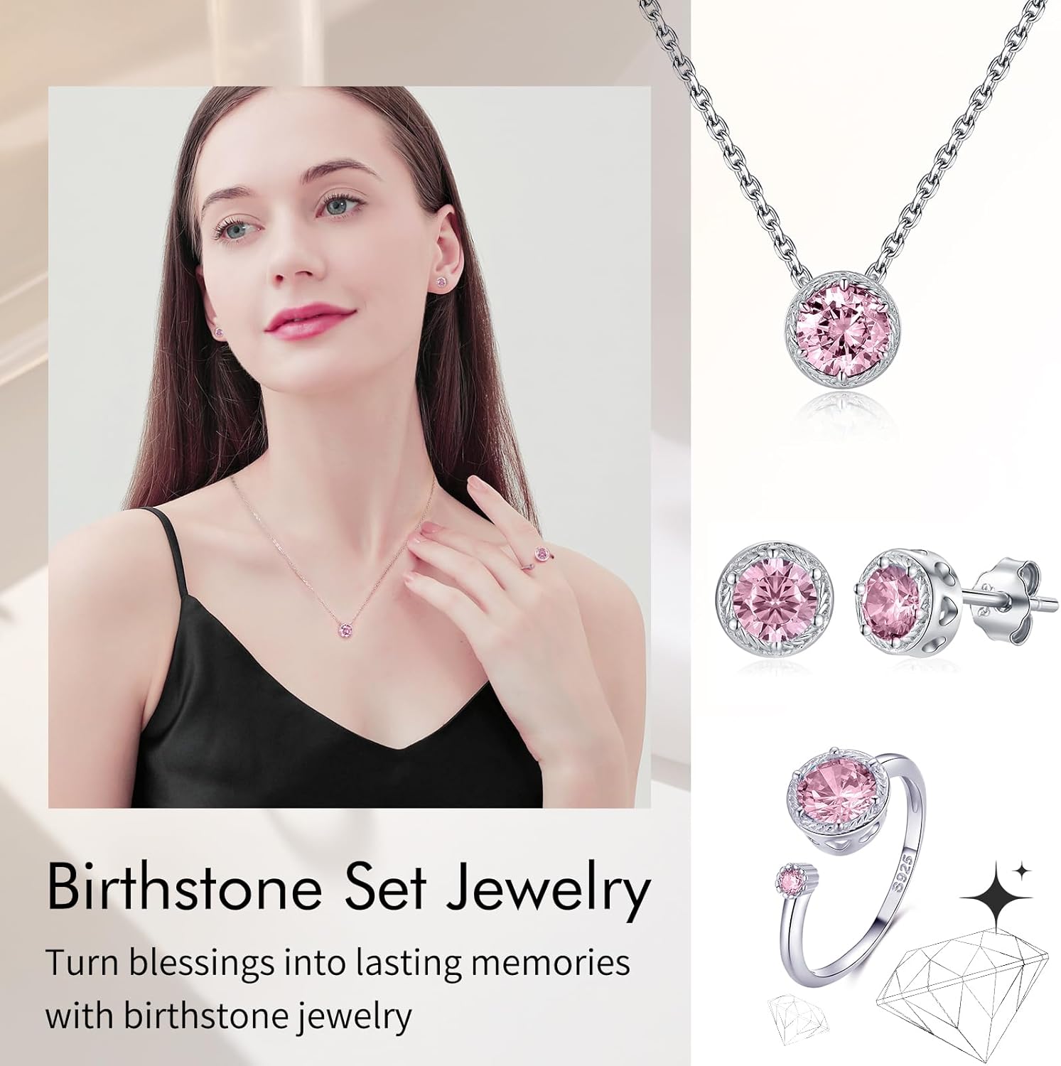 Detalle 2 de Qings Geburtsstein Ohrringe Silber 925 – Kleine Birthstone Ohrstecker mit Zirkonia, Oktober Rosa Turmalin
