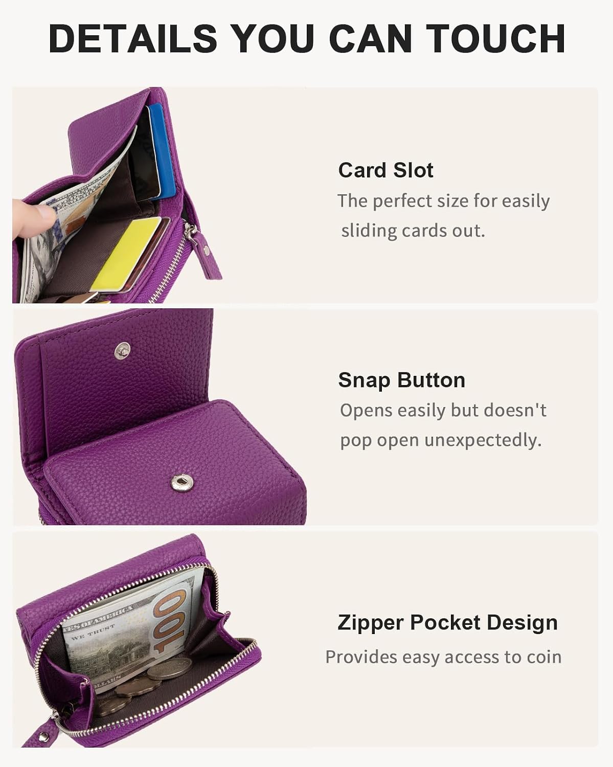 Detalle de CHAOFANXI Portafoglio donna piccolo in pelle PU viola con portamonete e chiusura a zip