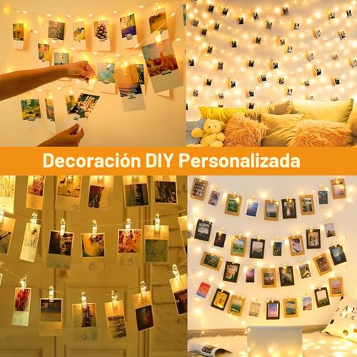 Detalle de CNMTCCO Guirnalda de 100 LEDs con clips para fotos, 10 m, funcionamiento con pilas y control remoto