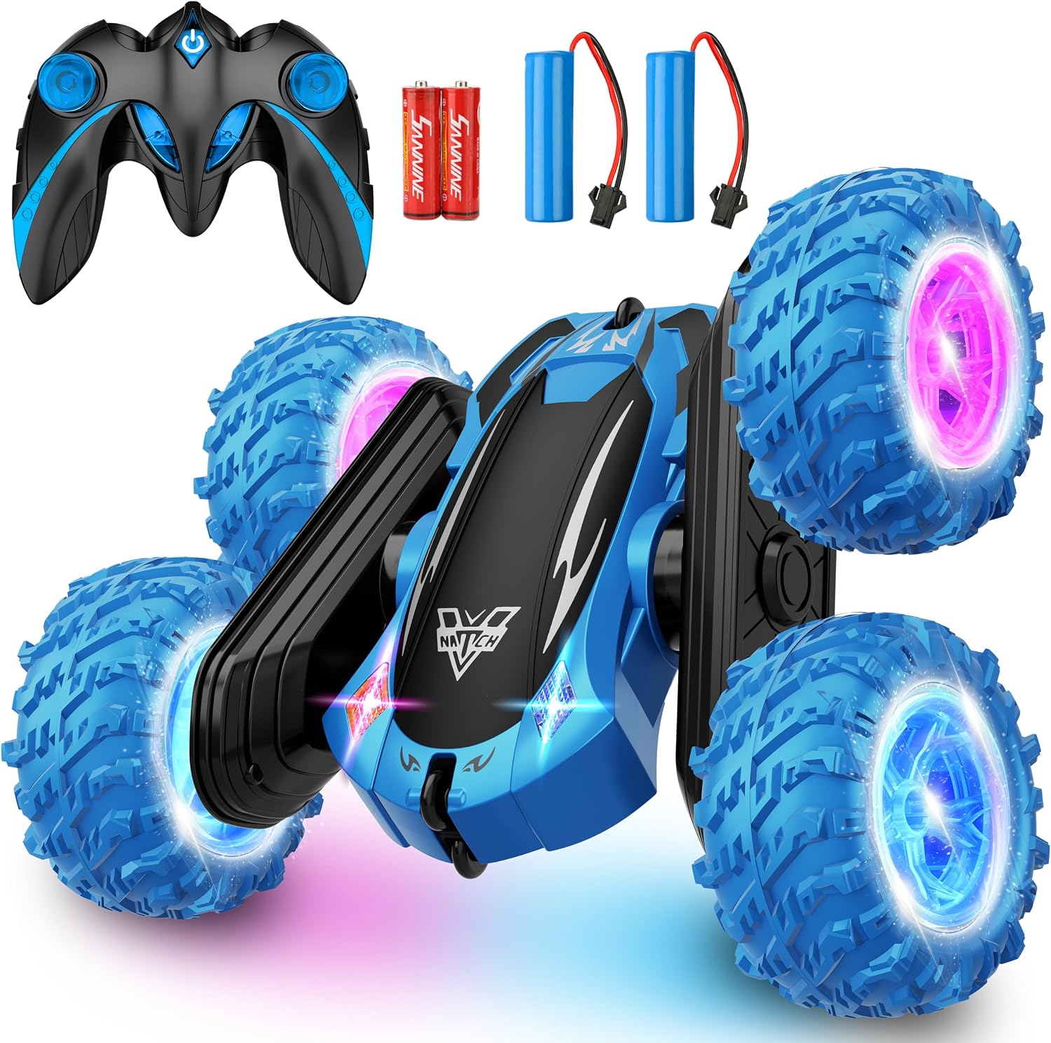Detalle de KKONES Remote Control Car: 2.4GHz Double-Sided 360° Flips Off-Road RC Stunt Car (Blue)