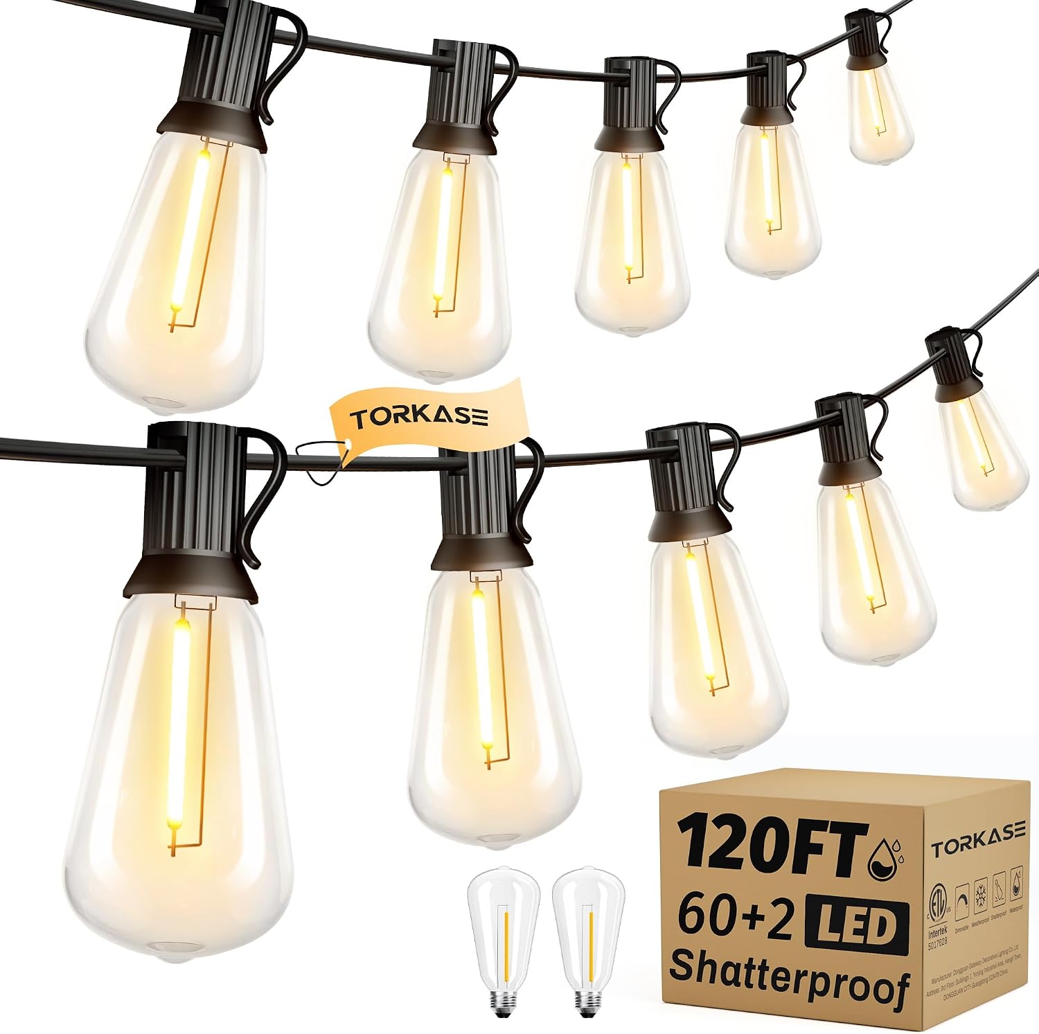 Detalle de Torkase Outdoor String Lights Mains Powered 120ft with 62 Shatterproof ST38 LED Bulbs