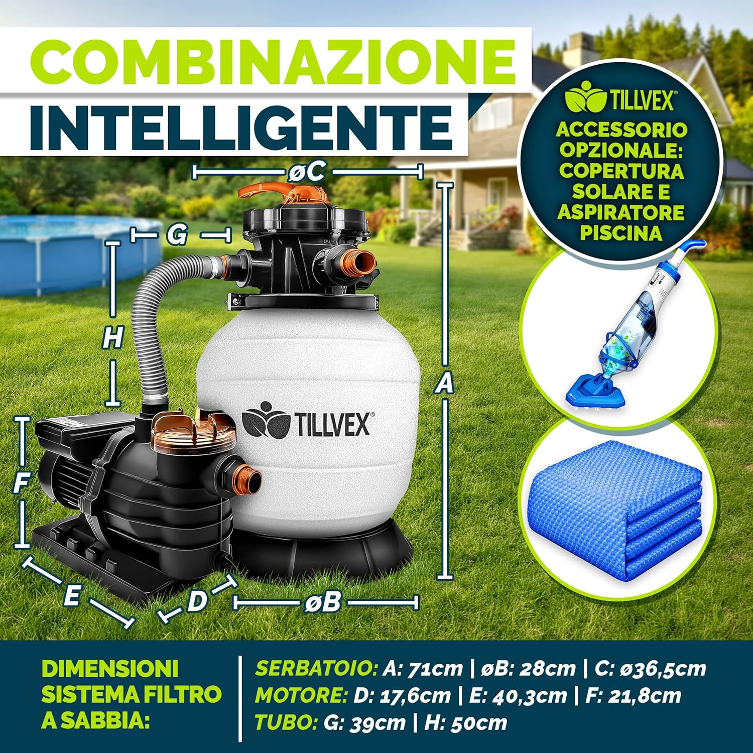Detalle de Tillvex Pompa Filtro Piscina 13.200 L/h: purificazione a sabbia per vasche fino a 40.000 L