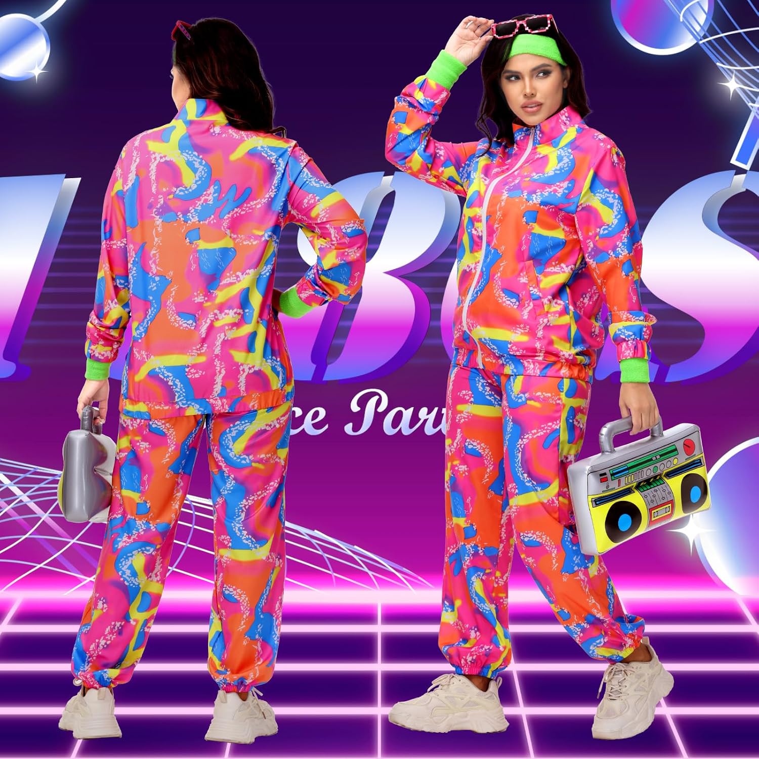 Thumbnail 4 de Tosjack 80s Retro Costume Neon Tracksuit Set with Retro Accessories