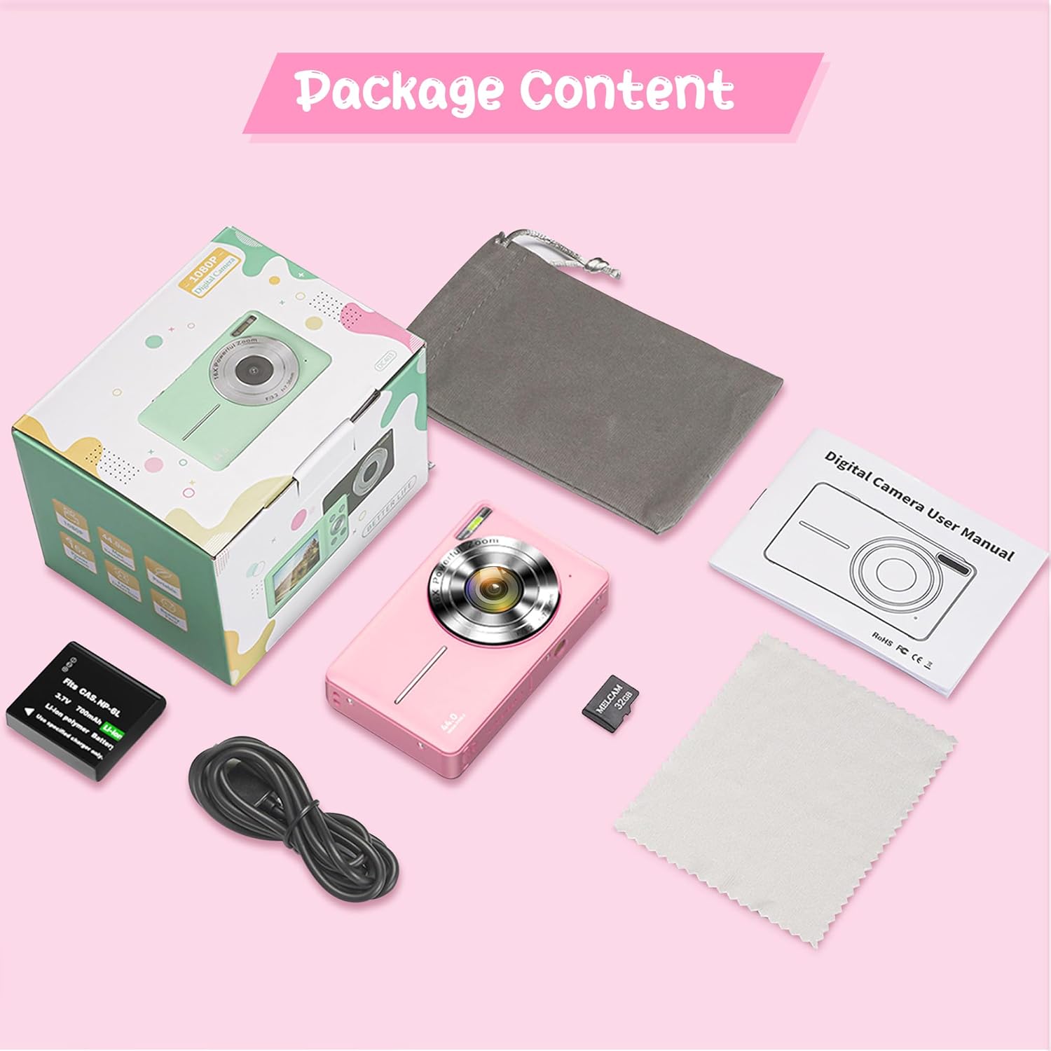 Thumbnail 6 de Fotocamera digitale 1080P 44MP per vlogging bambini e ragazzi con schermo 2,4" e zoom 16X (anti-shake, rosa)