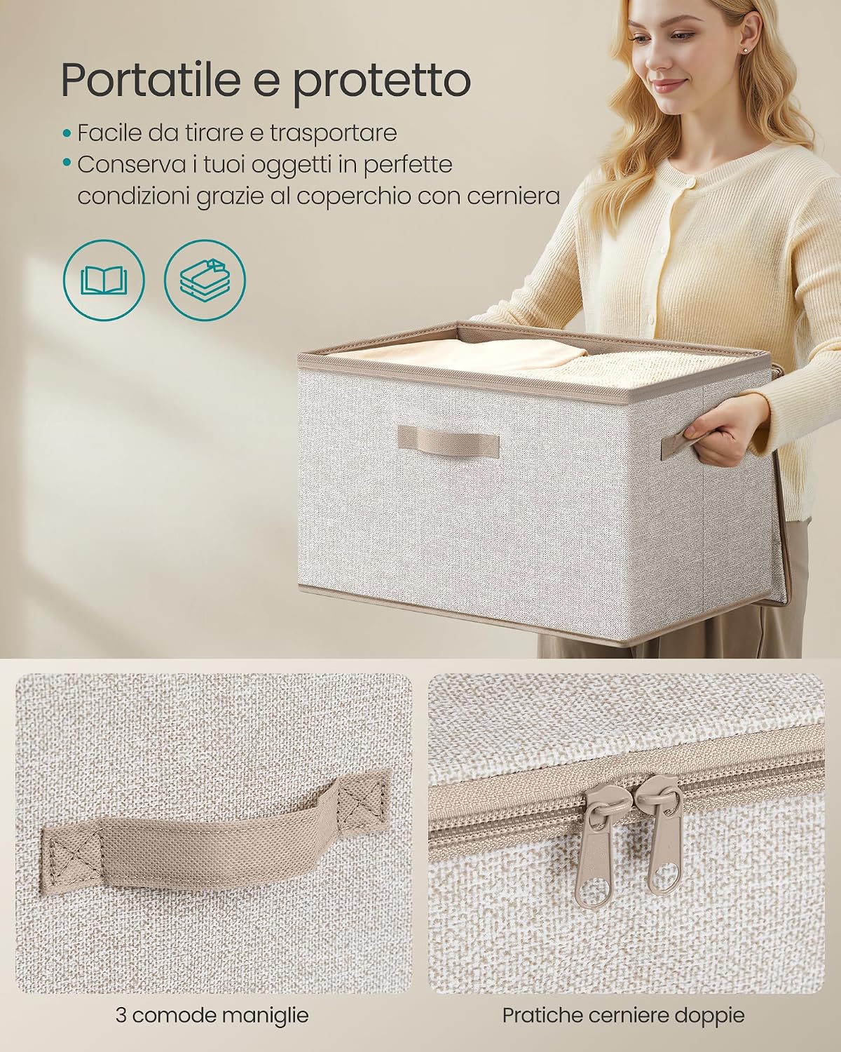 Detalle 2 de SONGMICS set di 3 scatole portaoggetti pieghevoli con coperchio e maniglie Beige Sabbia (50 x 30 x 30 cm)