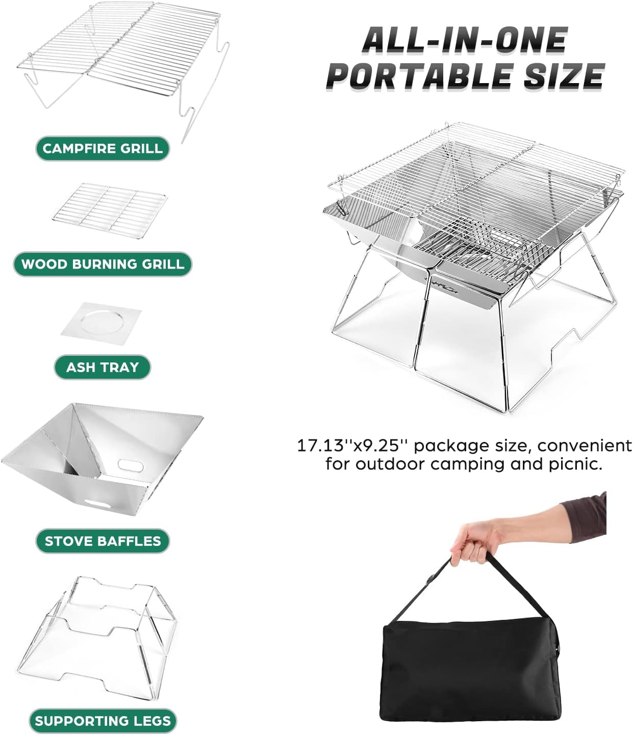 Thumbnail 1 de Odoland Portable Collapsible BBQ Fire Pit & Campfire Grill (Stainless Steel, Carry Bag, L size)