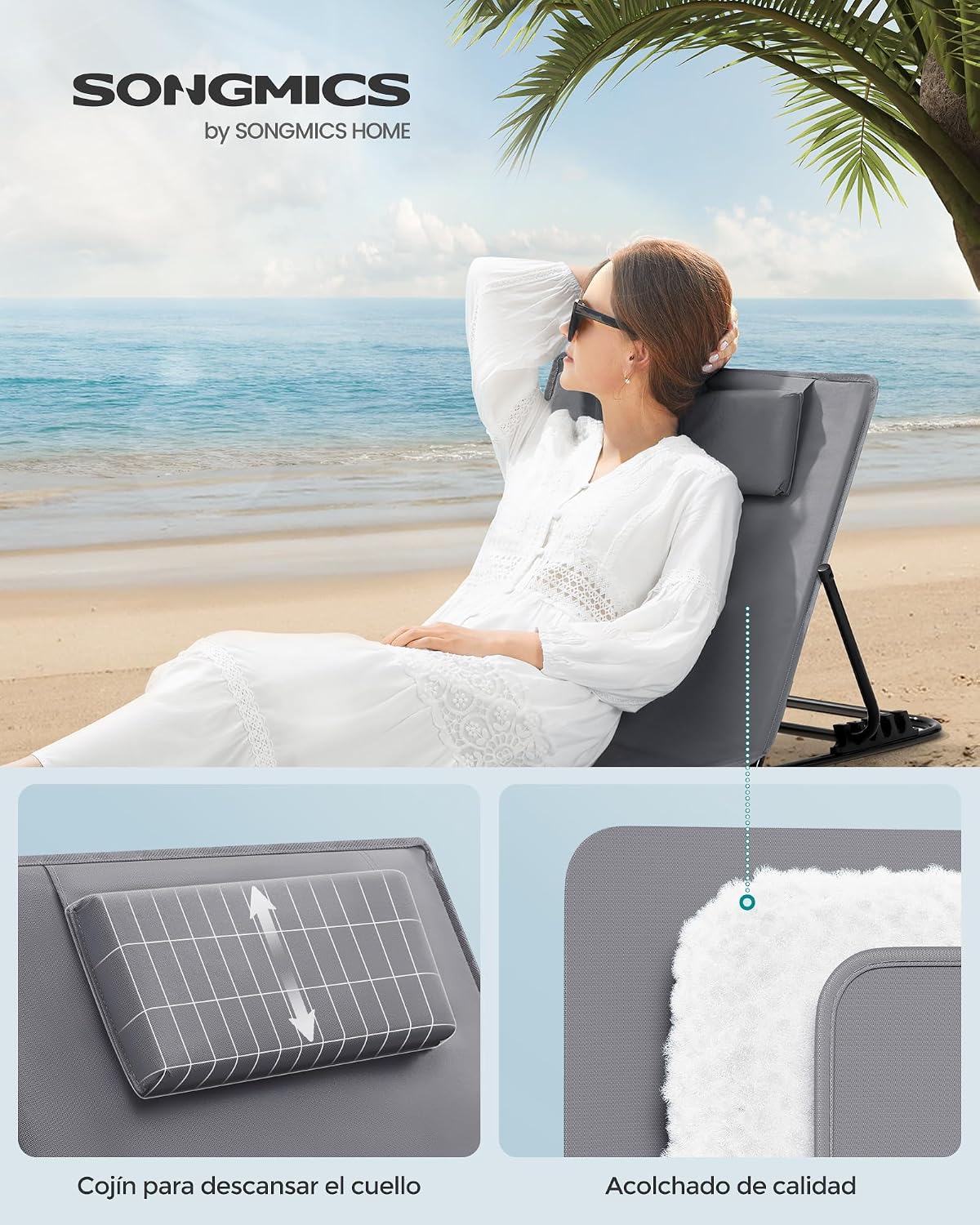 Detalle de SONGMICS Juego de 2 Tumbonas de Playa GCB251G01: confortables, ligeras y plegables